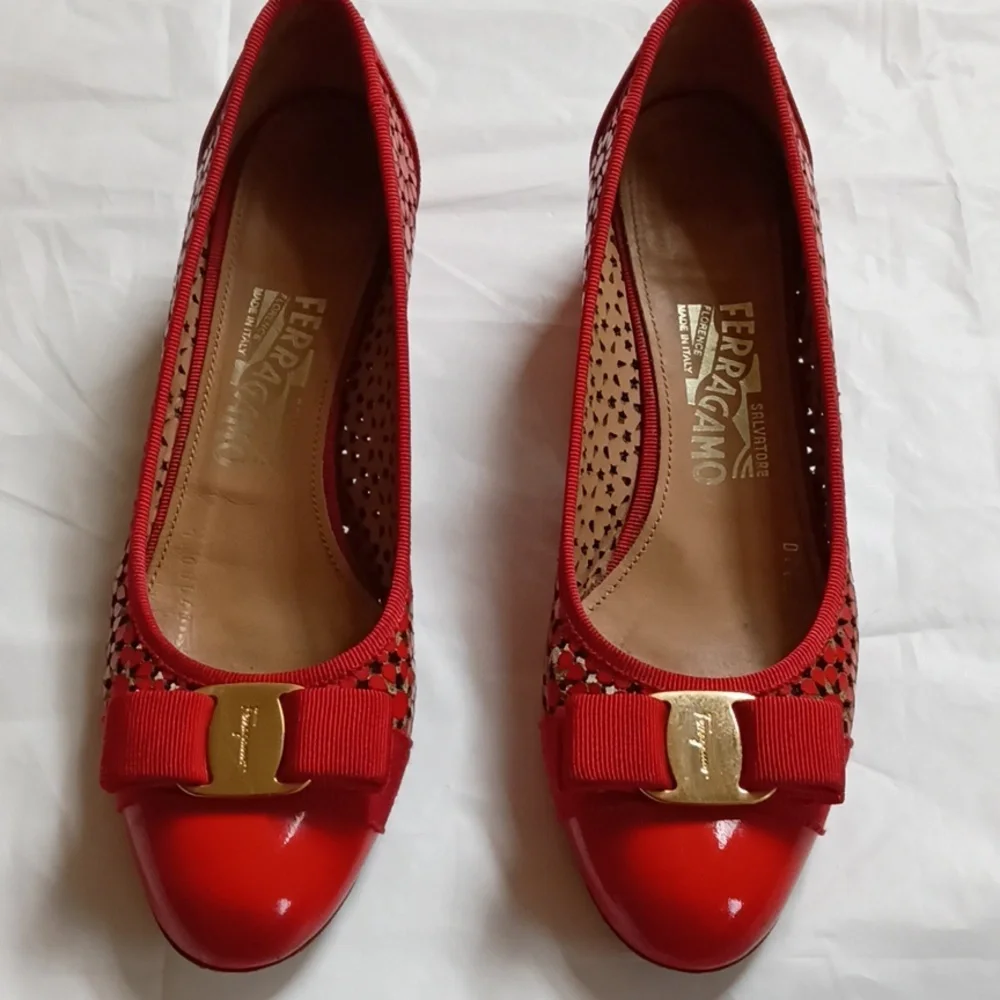 Salvatore Ferragamo Red Perforated Leather Bow Block Heel Pump